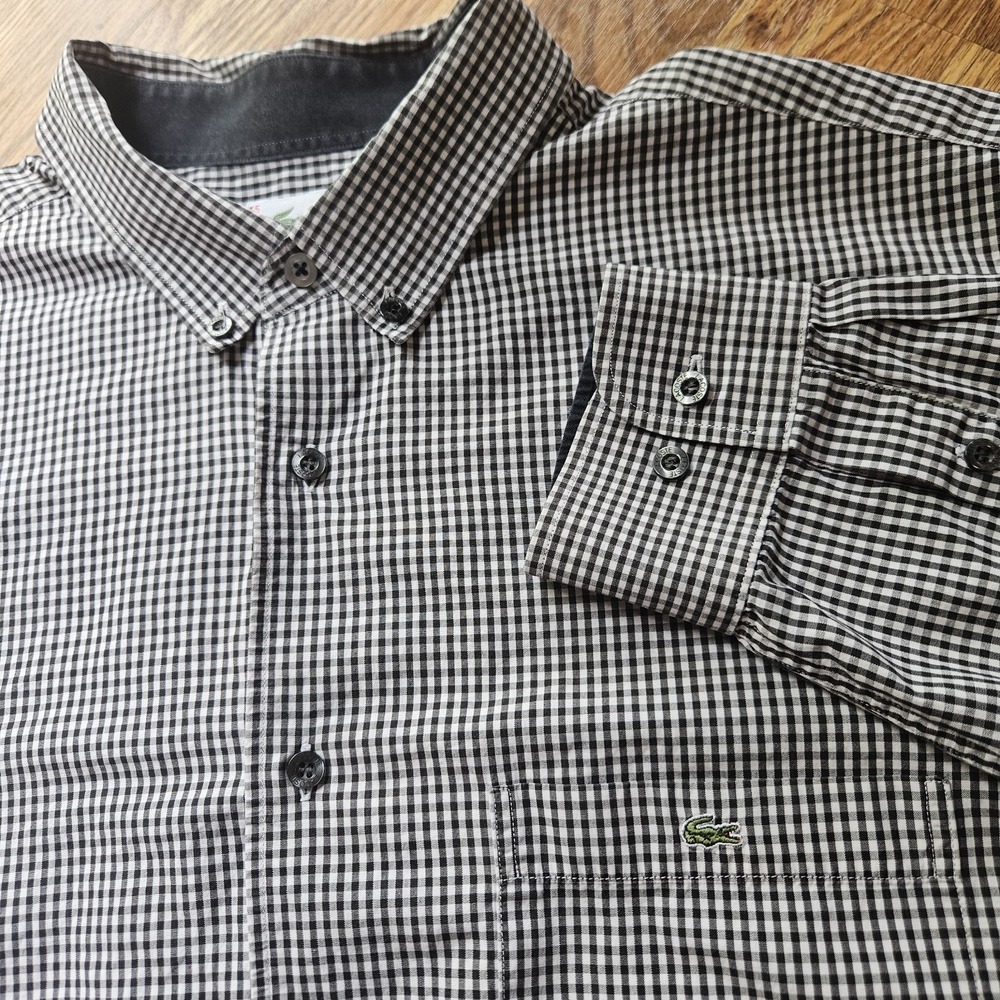 Lacoste 45 XL White Black Gingham Check Modern Fit Long Sleeve Cotton Button Up
